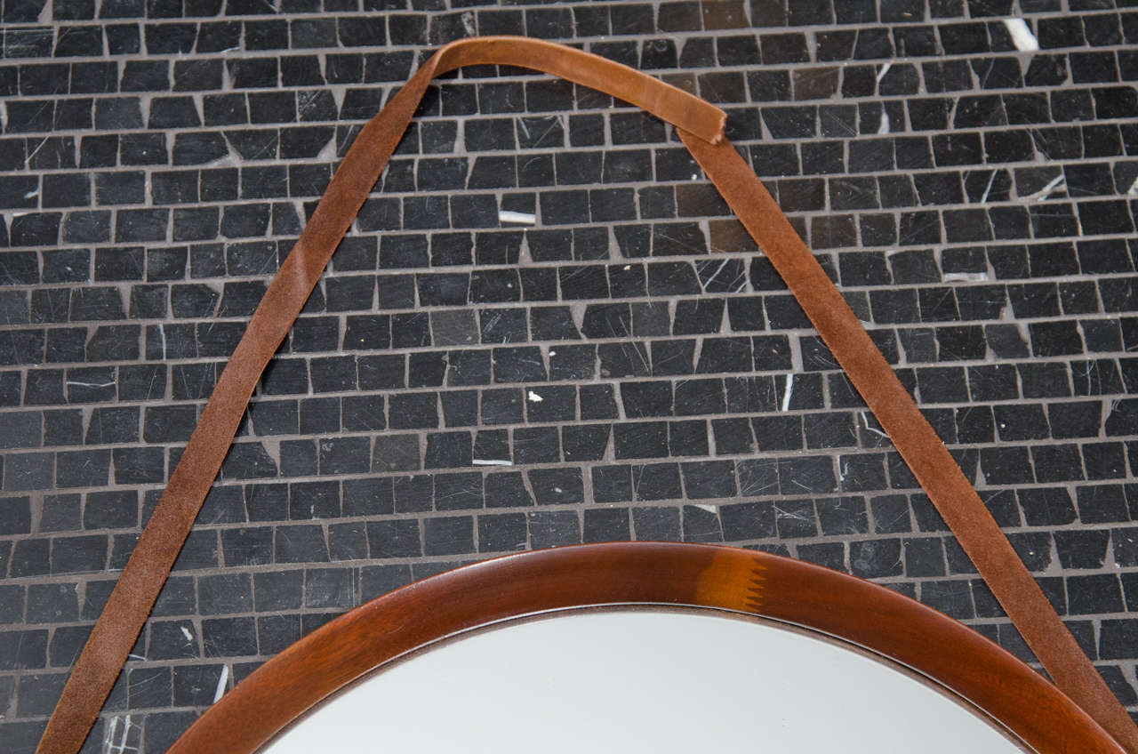 20th Century Solid Walnut Mirror with Leather Strap-French For Sale