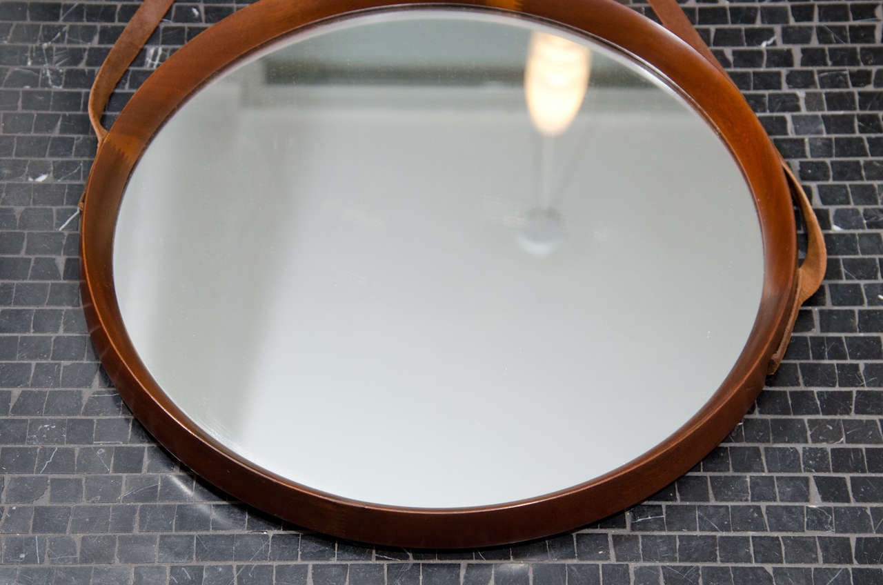 Solid Walnut Mirror with Leather Strap-French For Sale 2