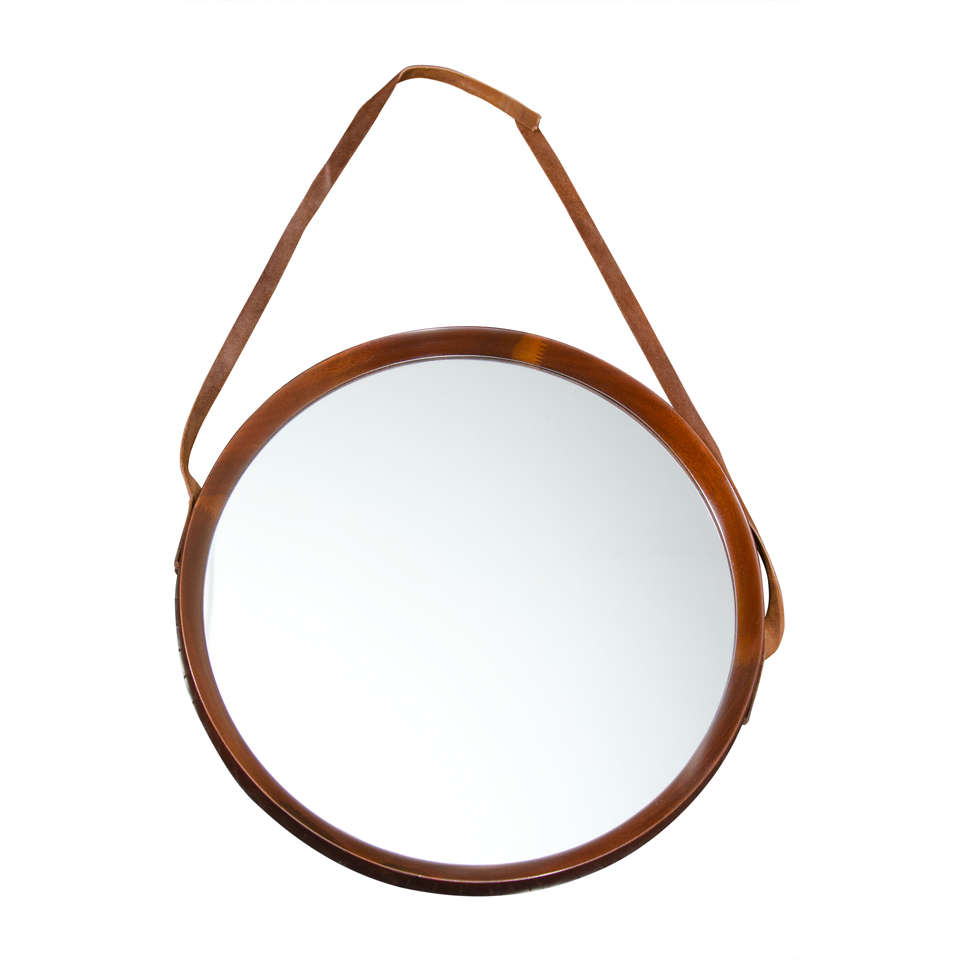 Solid Walnut Mirror with Leather Strap-French For Sale