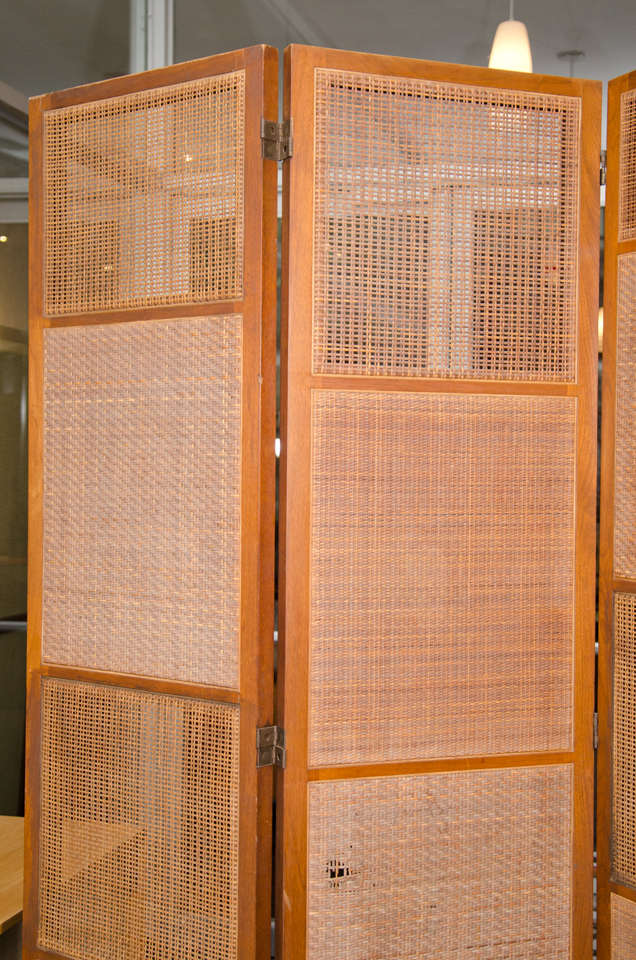 American Rare Edward Wormley Four-Panel Cane and Walnut Screen