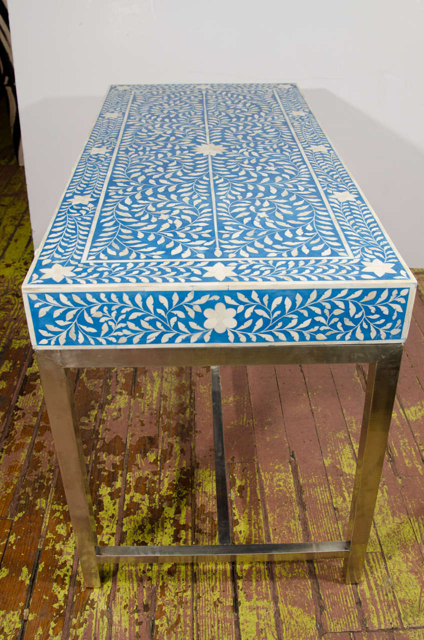 Indian Bone Inlay Blue & White Writing Desk With White Metal Base 2