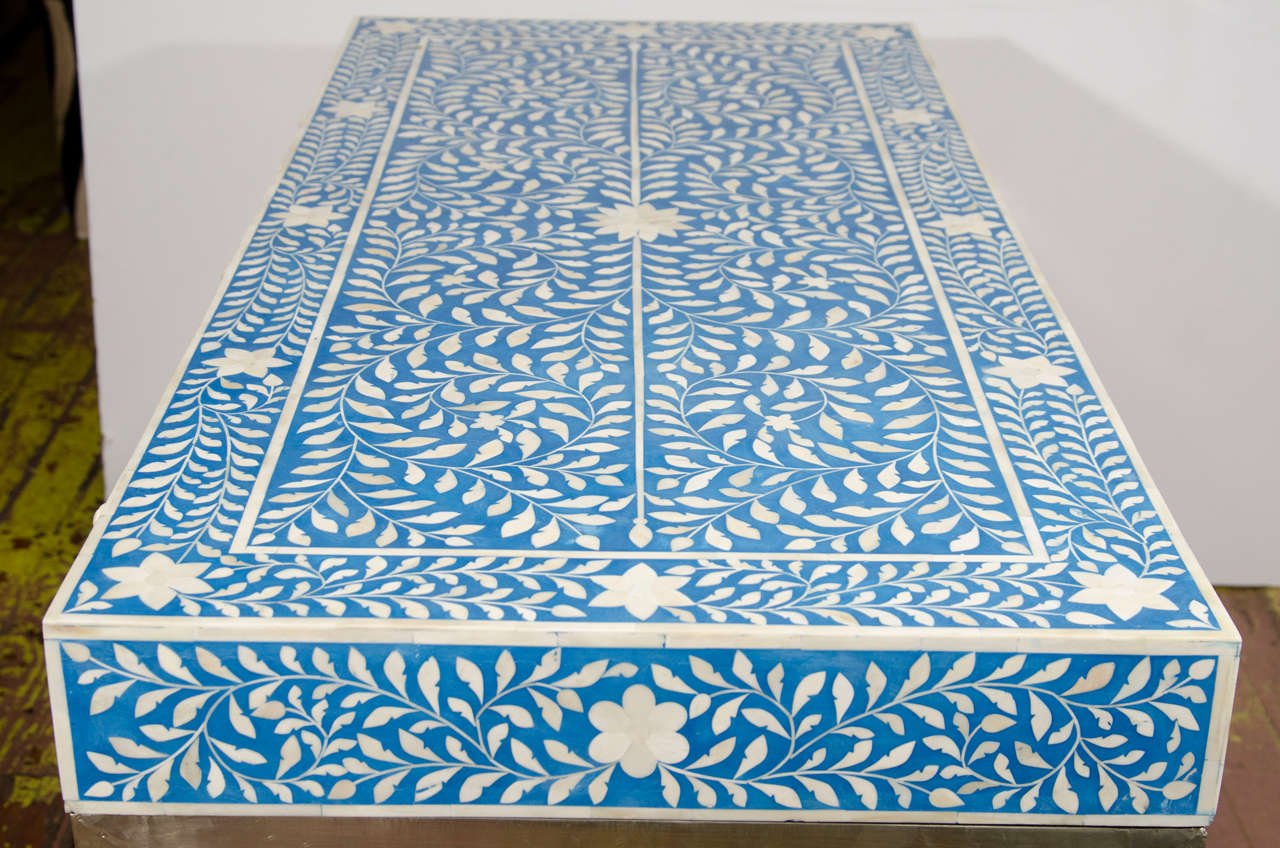 Indian Bone Inlay Blue & White Writing Desk With White Metal Base 3