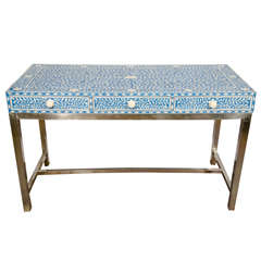 Indian Bone Inlay Blue & White Writing Desk With White Metal Base