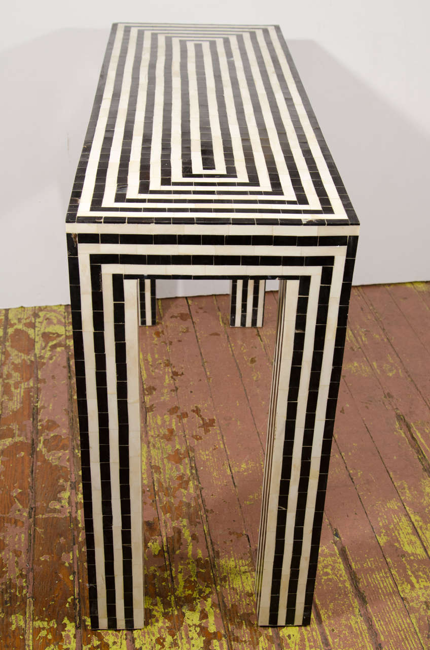 Indian Bone Inlay Black & White Striped Console In Good Condition In New York, NY