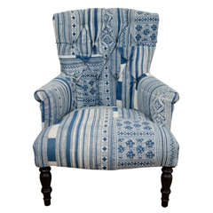 Indian Wood Blue & White Dhurrie Upholstered Arm Chair