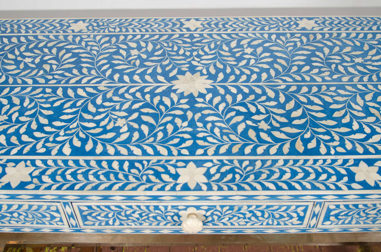 Indian Bone Inlay Blue and White Writing Desk With White Metal Base at ...