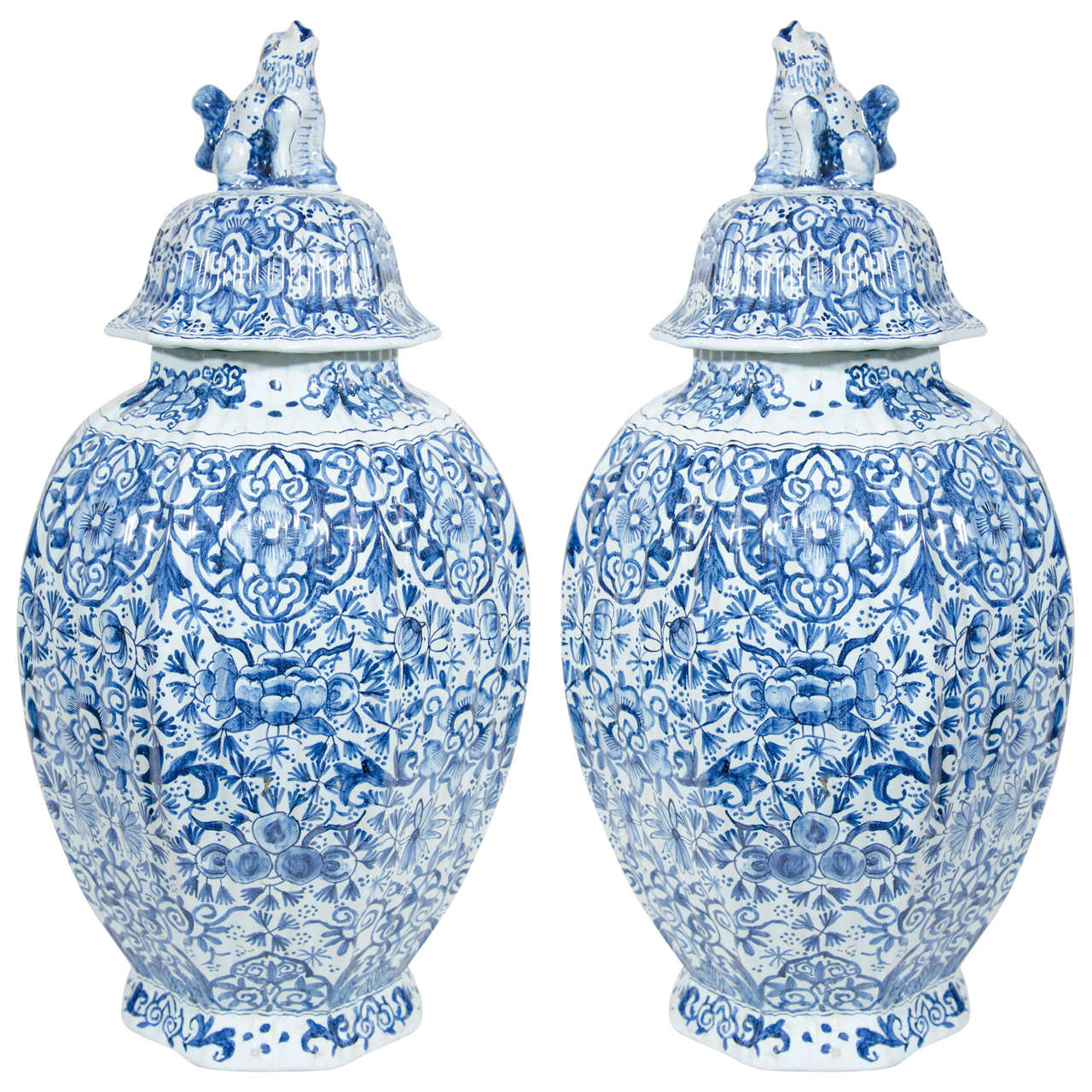 Pair of Dutch Delft Blue and White Covered Vases at 1stDibs