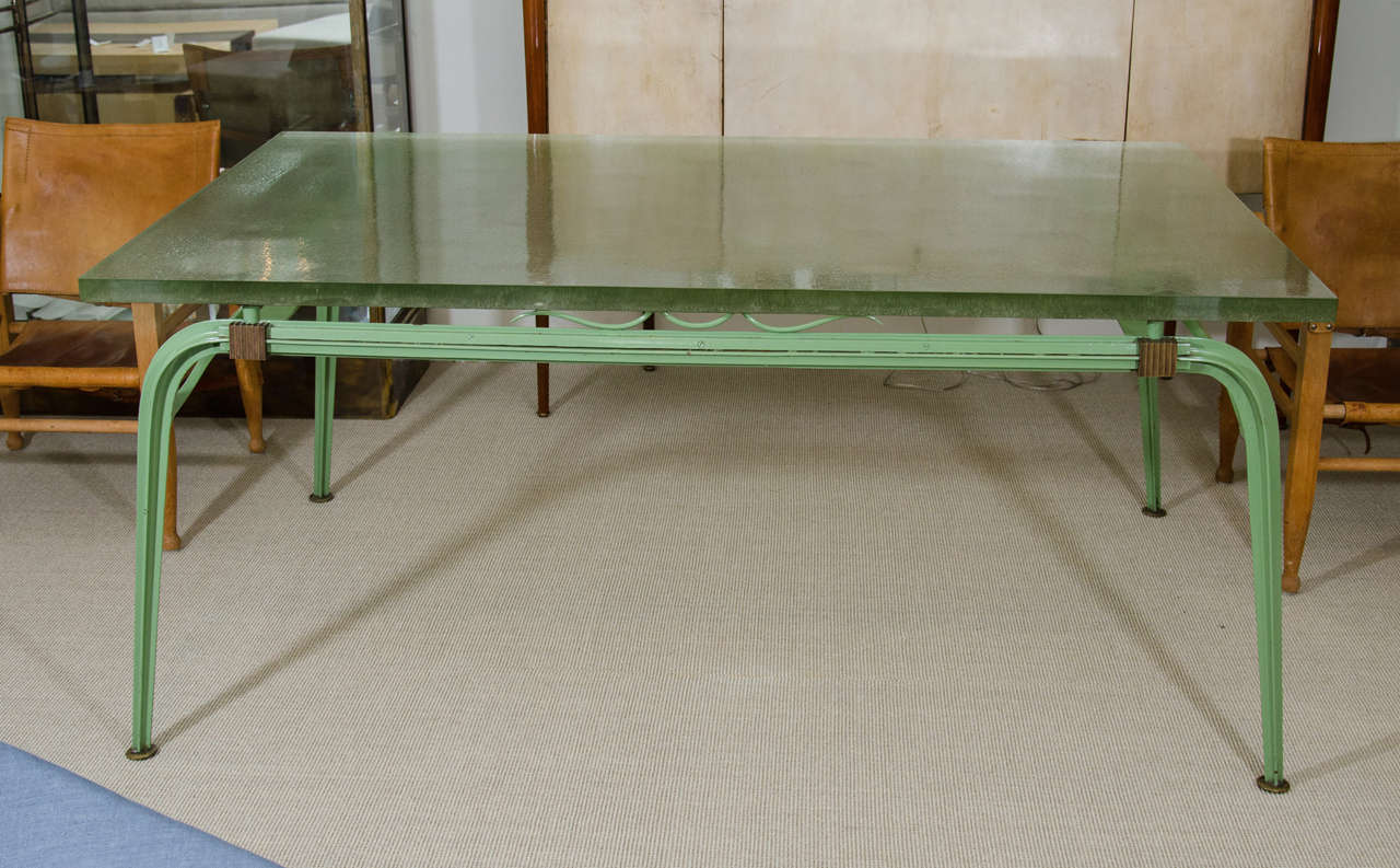 Rare Dominique, Andre Domin and Marcel Geneviere attributed table, St. Gobain glass, steel green enamel legs with bronze fittings.