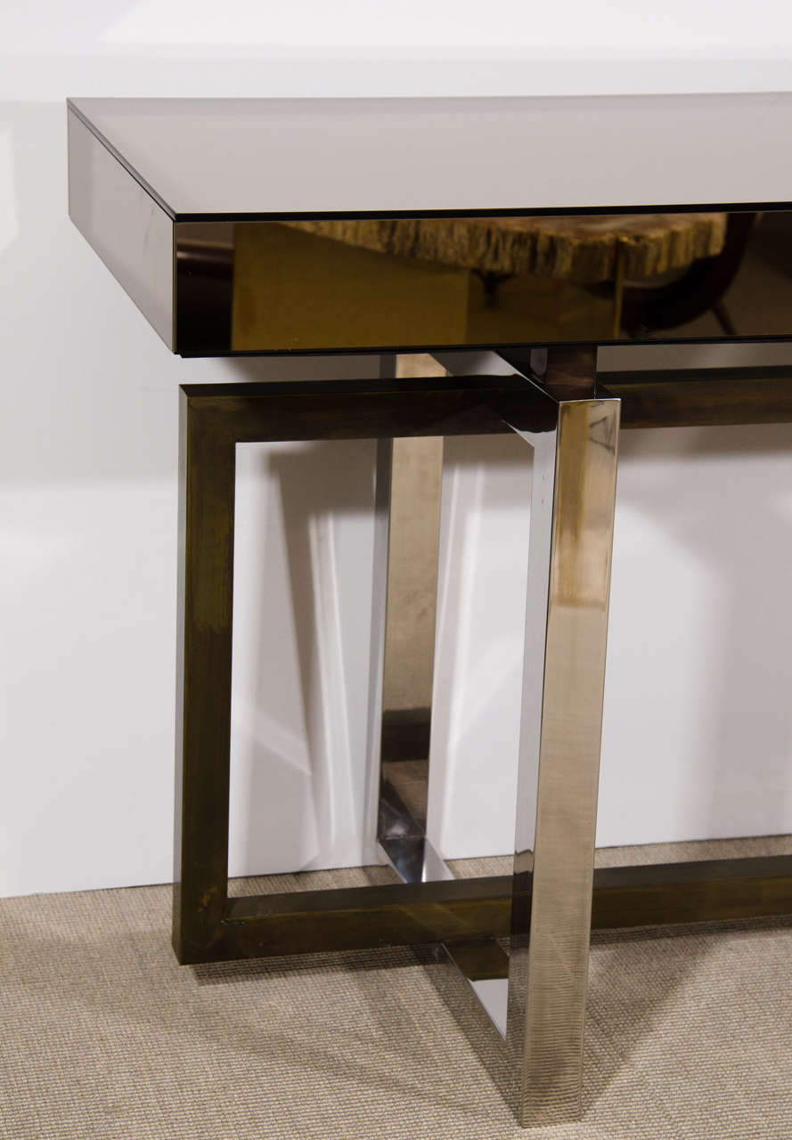 Mid-Century Modern Chrome Mirror and Brass Console Table, Italian, circa 1970s For Sale