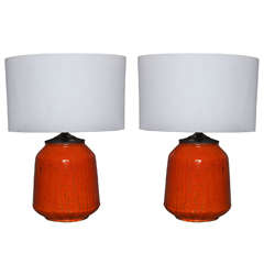 Pair of Orange American Ceramic Lamps