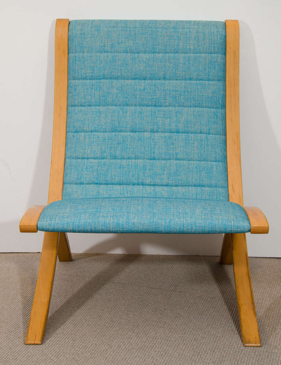 Blond sycamore frame and legs with original aqua fabric.