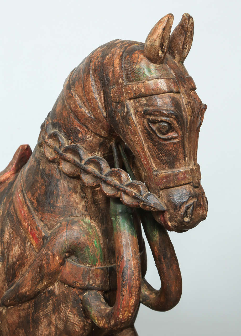 Carved Pair of Temple Wooden Horses from India