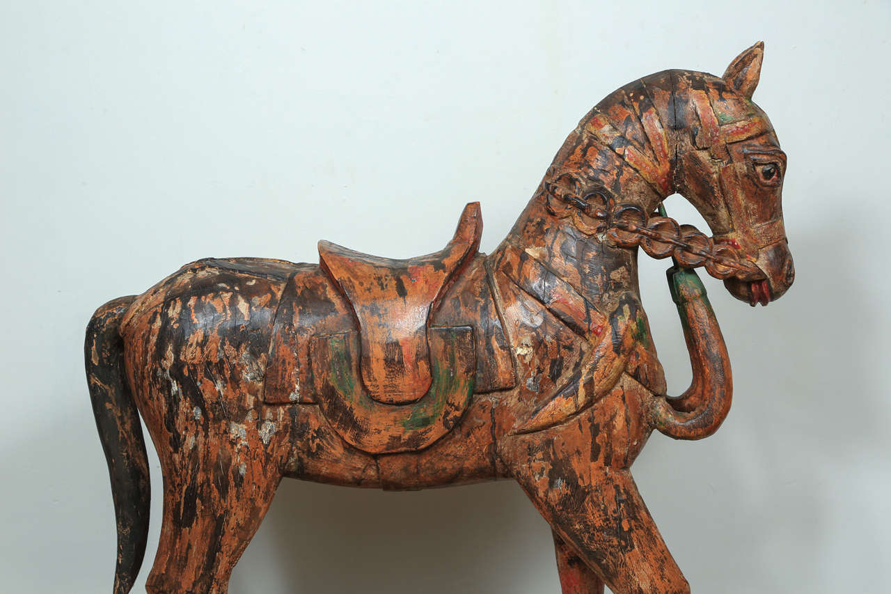 19th Century Pair of Temple Wooden Horses from India