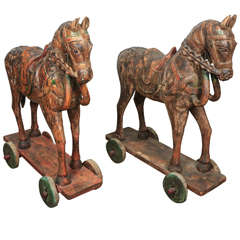 Pair of Temple Wooden Horses from India