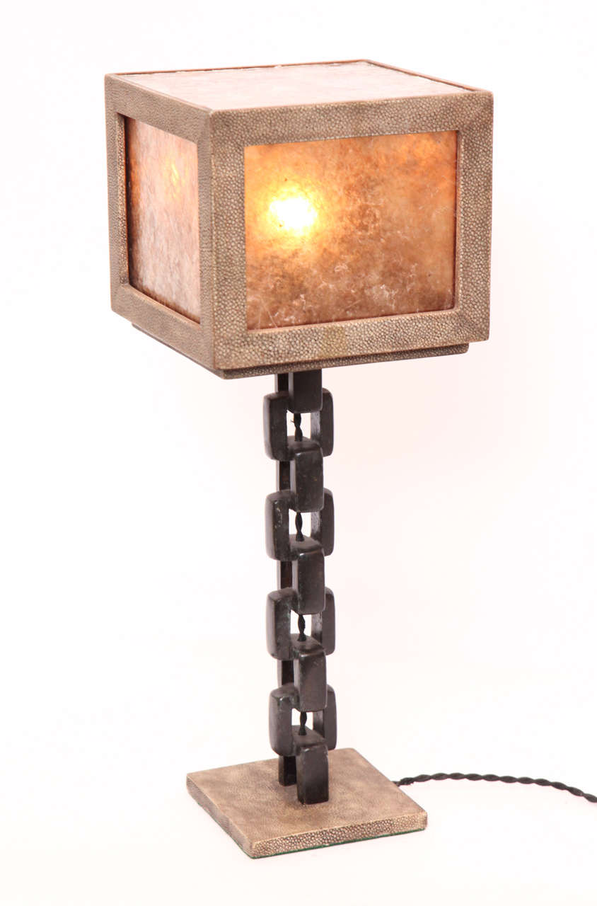 20th Century 1980s French Modernist, Patinated Iron and Shagreen Table Lamp