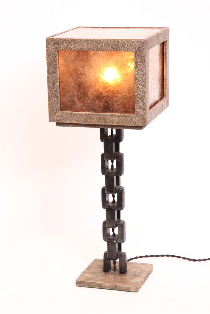 1980s French Modernist, Patinated Iron and Shagreen Table Lamp 1
