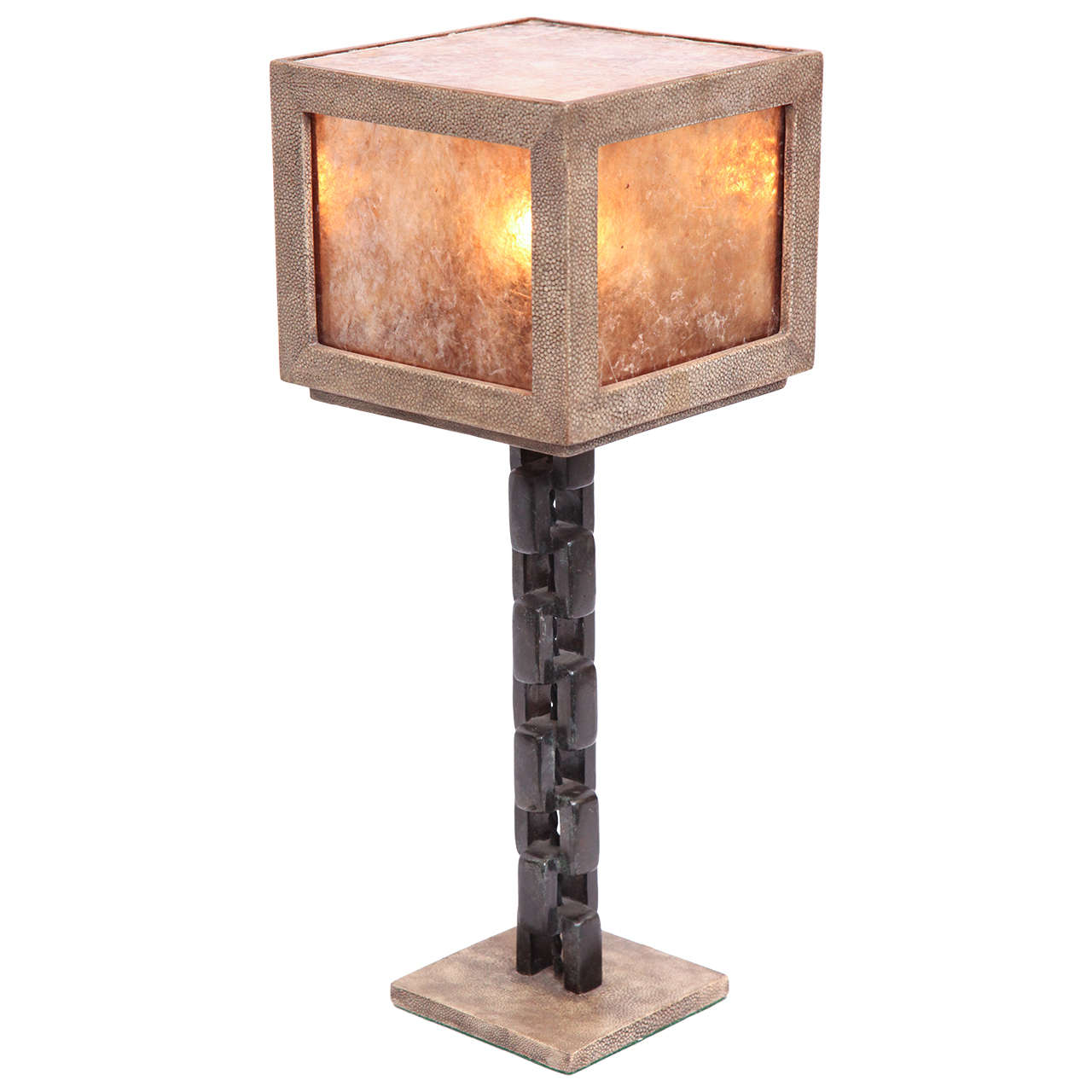 1980s French Modernist, Patinated Iron and Shagreen Table Lamp