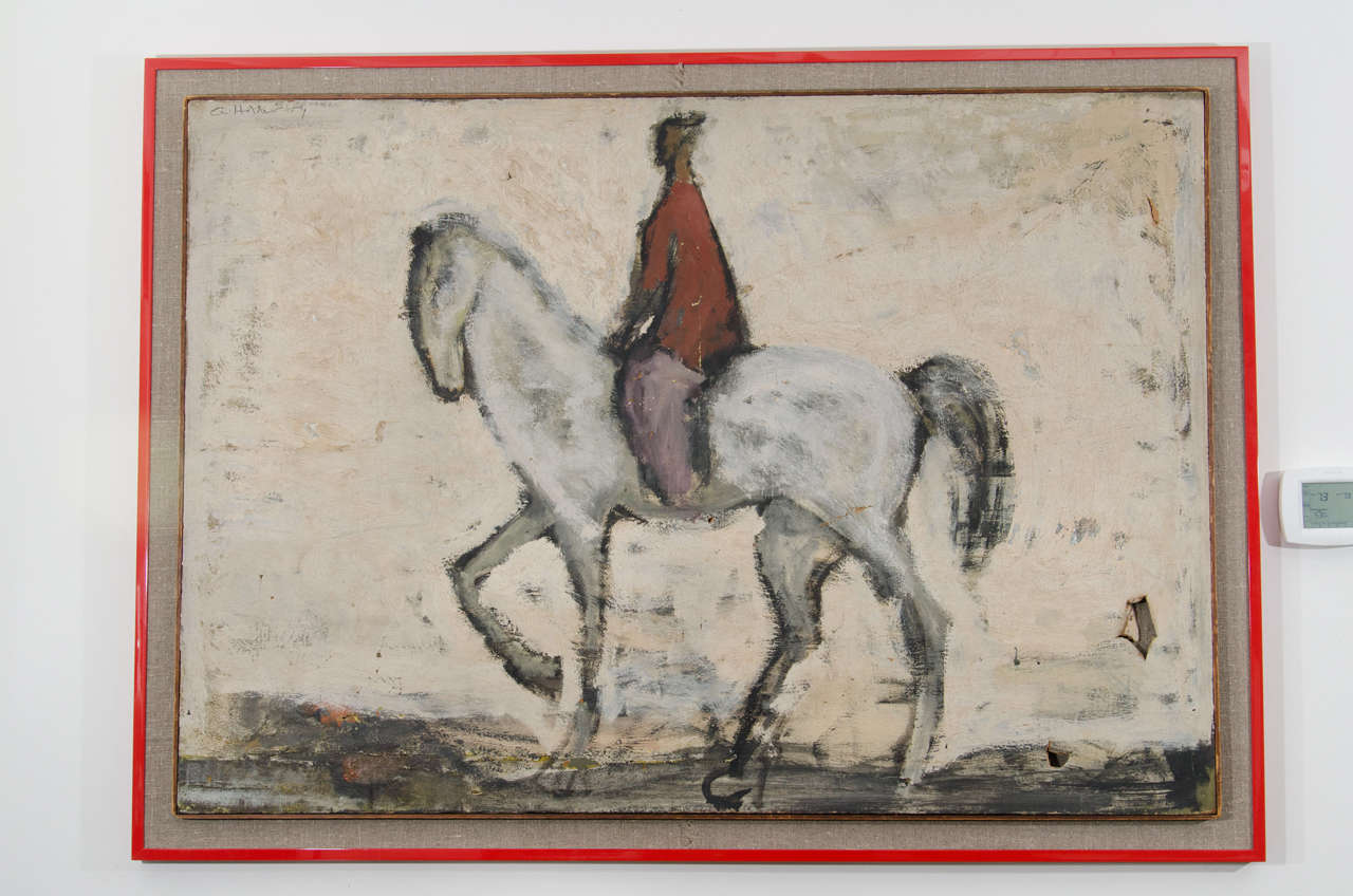 19thC. painting of a horseman in the style of Marini, signed.
Badly damaged by a tear in the lower right corner with chipping in places as well. Very stylish with great coloration.