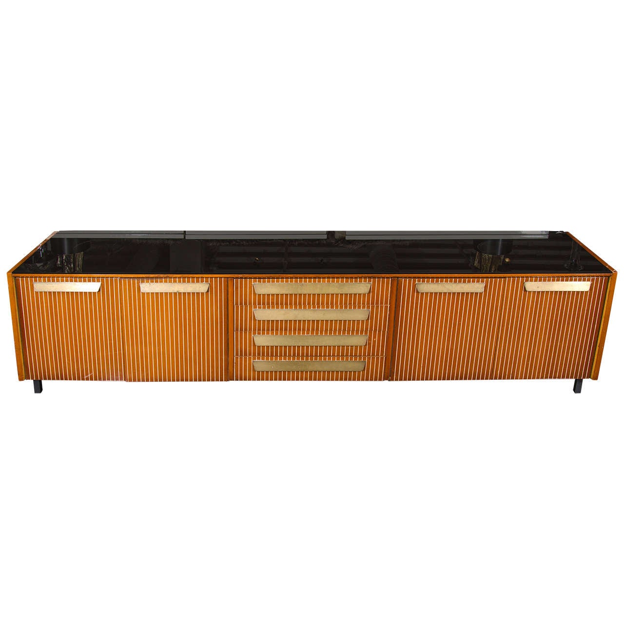 Italian console with inlaid birch strips on mahogany, brass pulls for a center panel of drawers and side cabinets left and right.
The exterior is black on each side with a piece of black glass as the top.