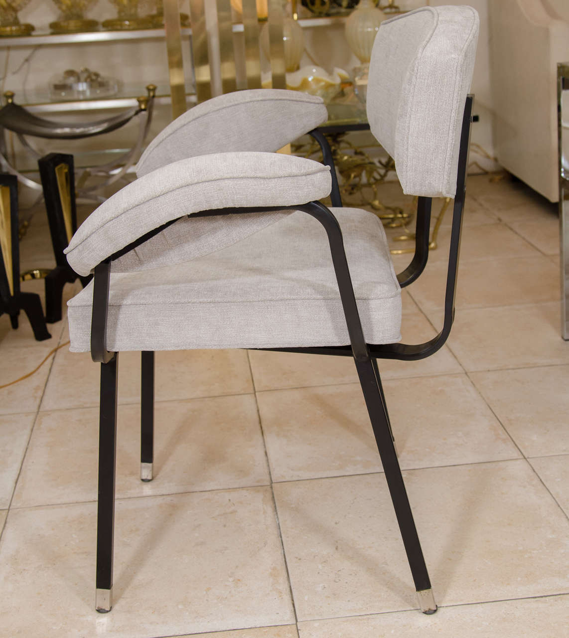 Italian Upholstered Dining Armchair with Black Enameled Metal Frame