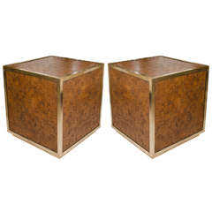Pair of Square Brass and Cork Side Tables