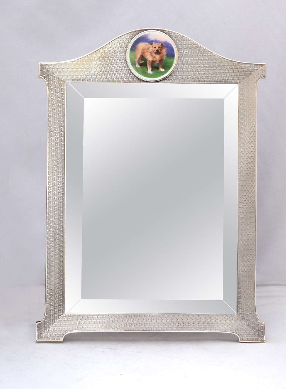 Edwardian Art Deco Sterling Silver Table Mirror with Enameled Plaque of a Norwich Terrier