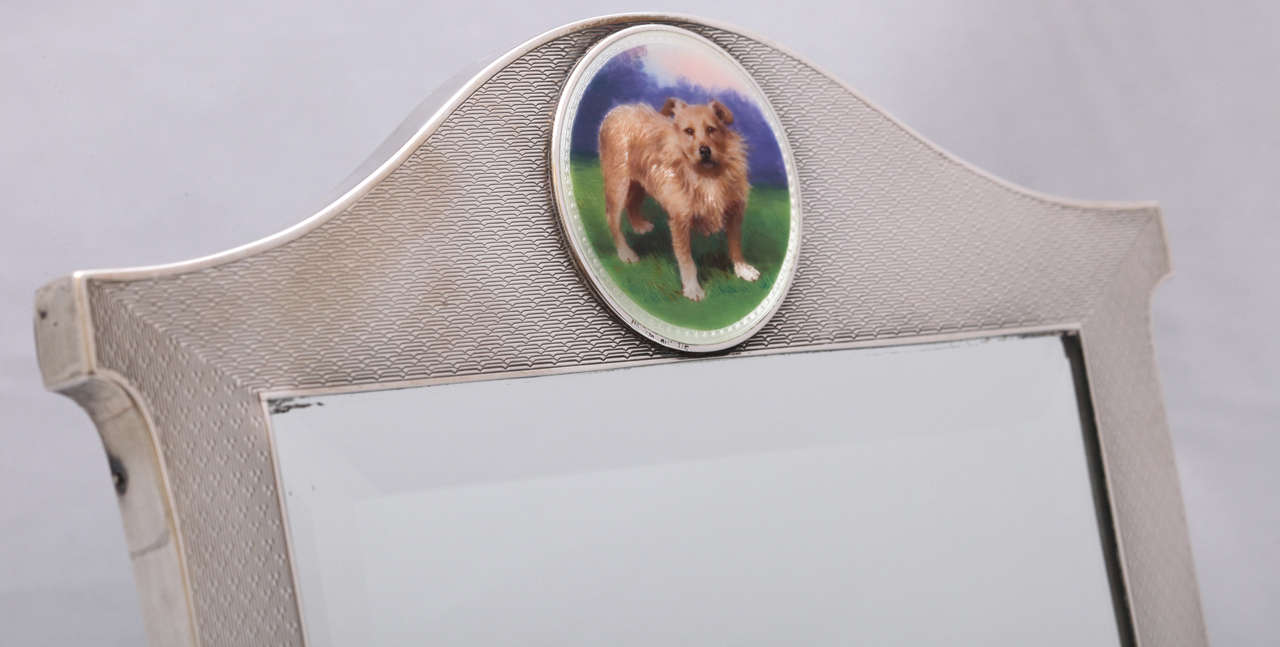 20th Century Art Deco Sterling Silver Table Mirror with Enameled Plaque of a Norwich Terrier