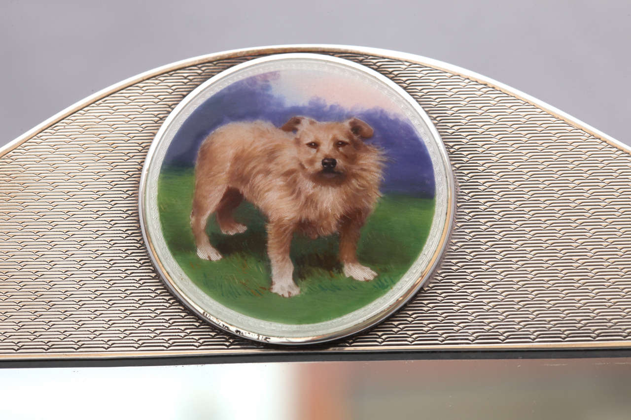 Art Deco Sterling Silver Table Mirror with Enameled Plaque of a Norwich Terrier 3