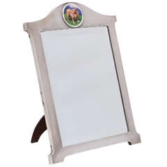 Used Art Deco Sterling Silver Table Mirror with Enameled Plaque of a Norwich Terrier