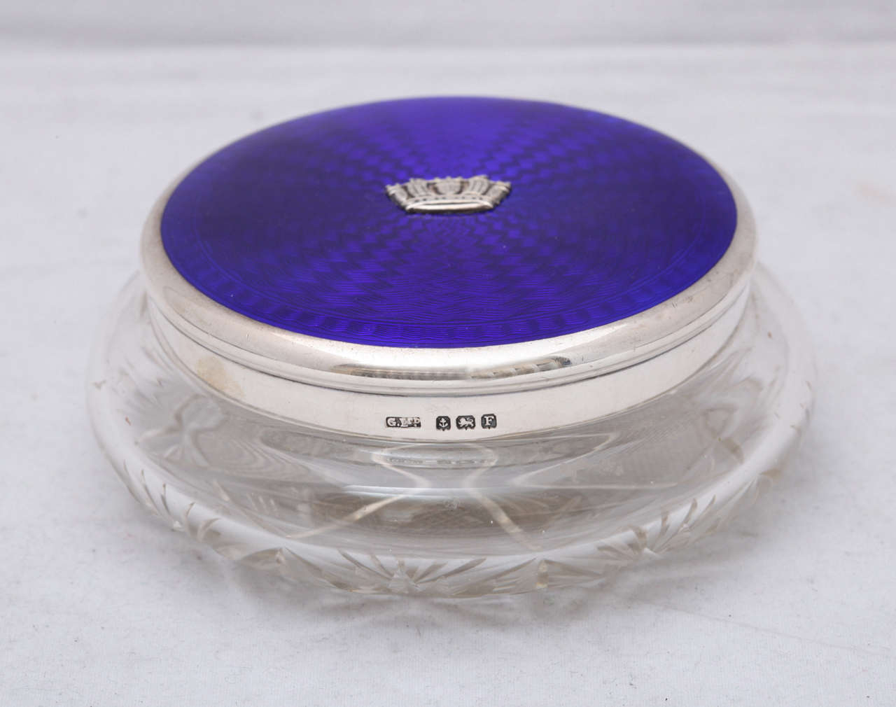 Beautiful, Art Deco, sterling silver, deep cobalt blue guilloche enamel and crystal powder jar with applied sterling silver crown on lid, Birmingham, England, 1930, Gieves, Ltd. - maker; Retailed at Gieves, Ltd. on Old Bond Street, London. Guilloche
