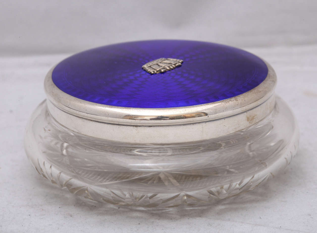 Art Deco, Sterling Silver, Cobalt Blue Guilloche Enamel and Crystal Powder Jar In Excellent Condition In New York, NY