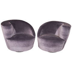Pair of 1970s Kagan Asymmetrical Swivel Chairs Upholstered in Charcoal Velvet