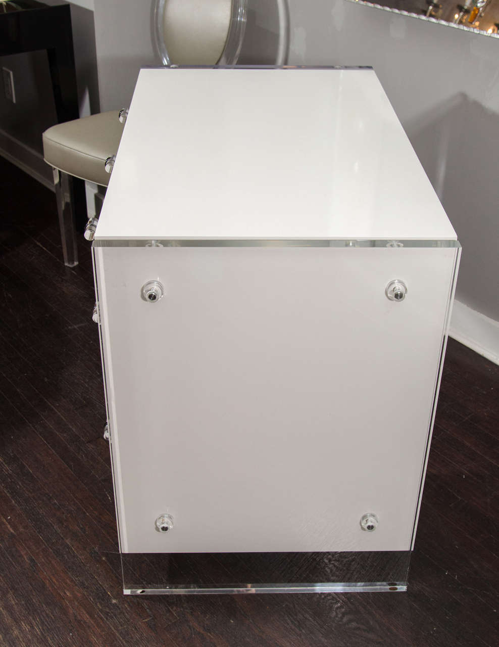 American Custom White Lacquer Desk with Lucite Side Panels