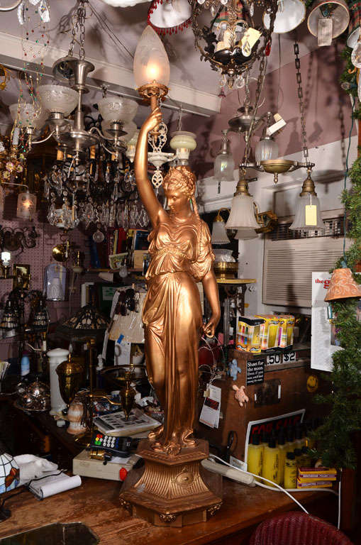 Large spelter maiden, figural Newel Post Lamp,originally gas, electrified and shown with an antique, flame shaped, wheel cut shade. American made, approximately 1850's-1870's