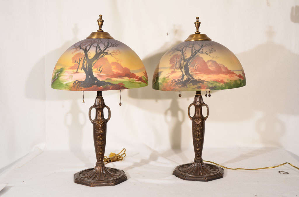 American Pair, matching Art Nouvou table lamps with obverse painted shade For Sale