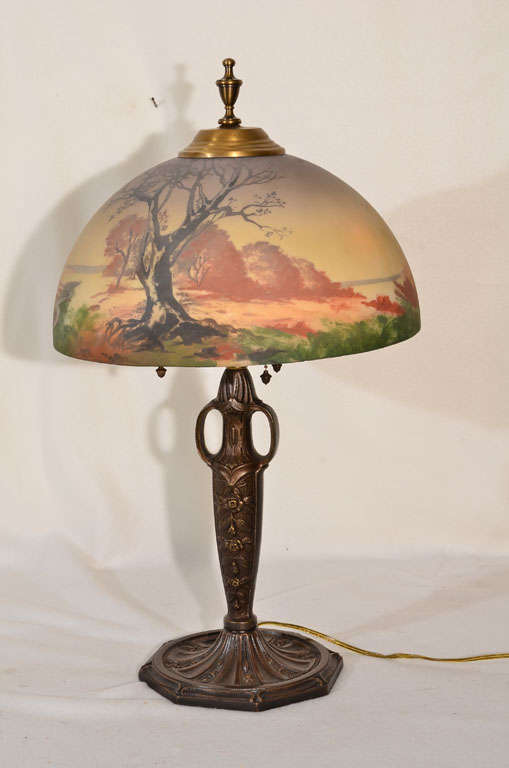 20th Century Pair, matching Art Nouvou table lamps with obverse painted shade For Sale