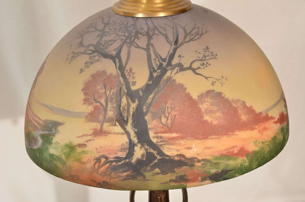 Pair, matching Art Nouvou table lamps with obverse painted shade For Sale 1