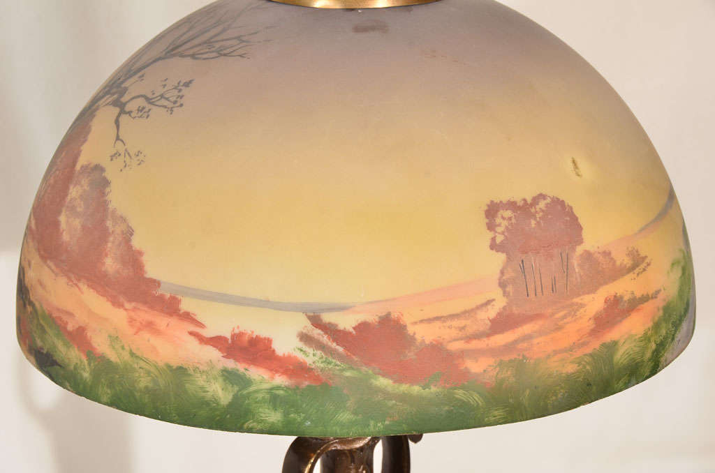 Pair, matching Art Nouvou table lamps with obverse painted shade For Sale 2