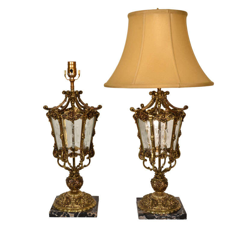 Pair Regency Style, cast bronze, marble & glass Table lamps For Sale