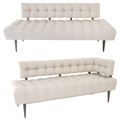Pair of Biscuit Tufted Chaises with Exposed Walnut Frames