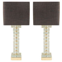 Pair of Glass and Brass Table Lamps by Bakalowits