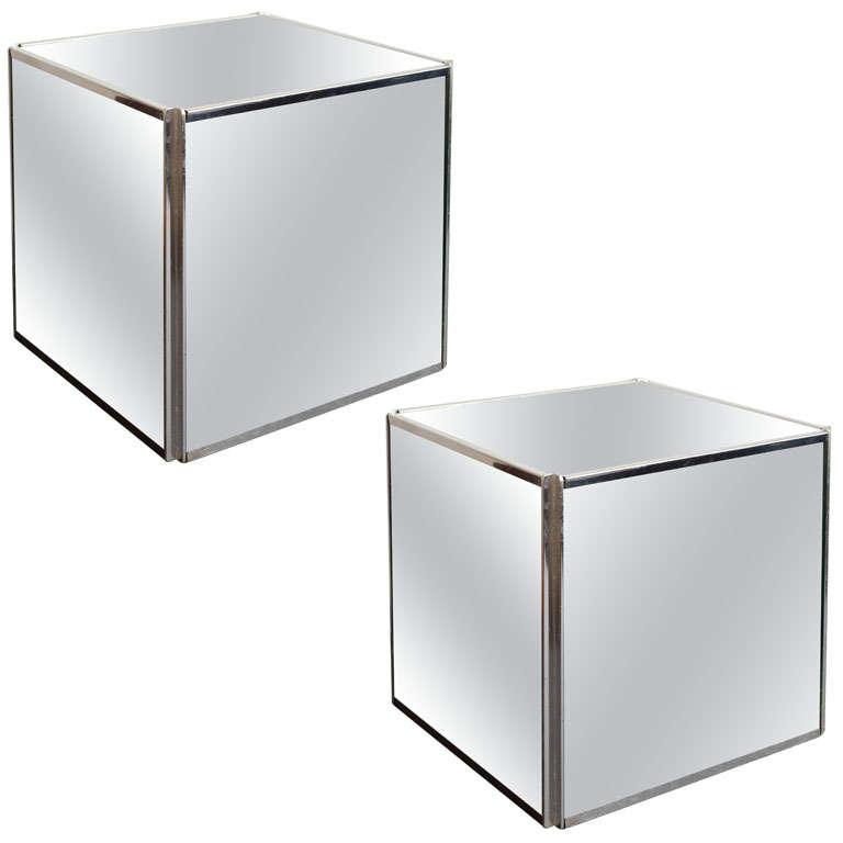 Pair of Mirrored Cube Occasional Tables