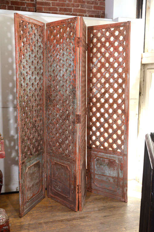 Teak painted screen doors with traditional 'jali' work carving, from Rajasthan, Northern India
