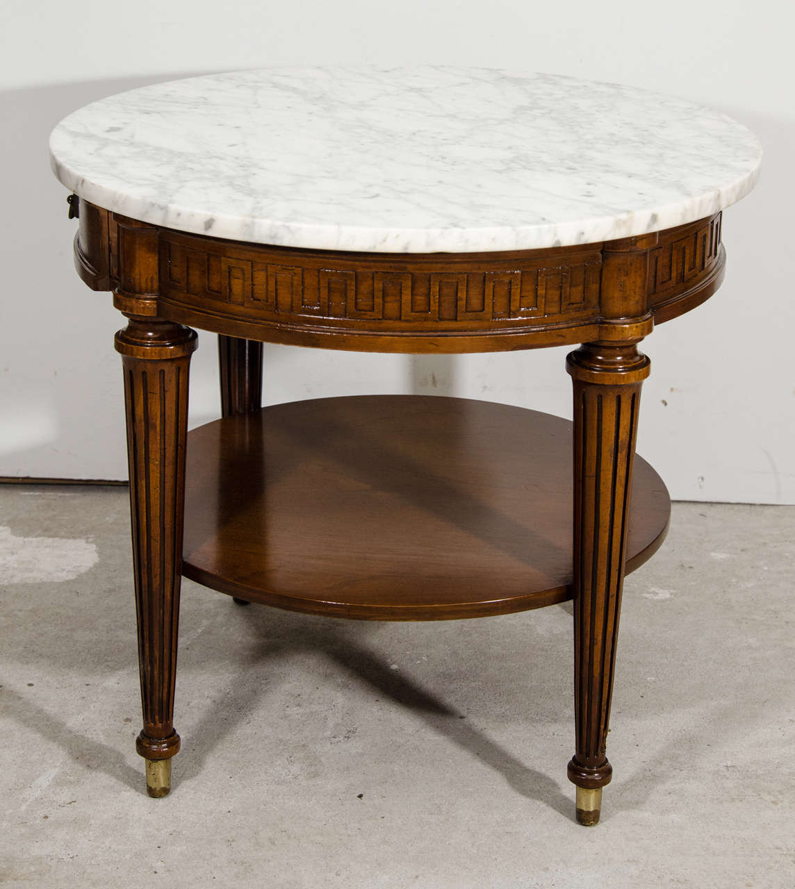 Pair of french bouillotte marble top side tables, Louis XVI style.
