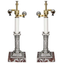 Pair of Neoclassical Silver Candlestick  Lamps