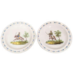 Antique Pair Creamware Dishes with Calvary Riders