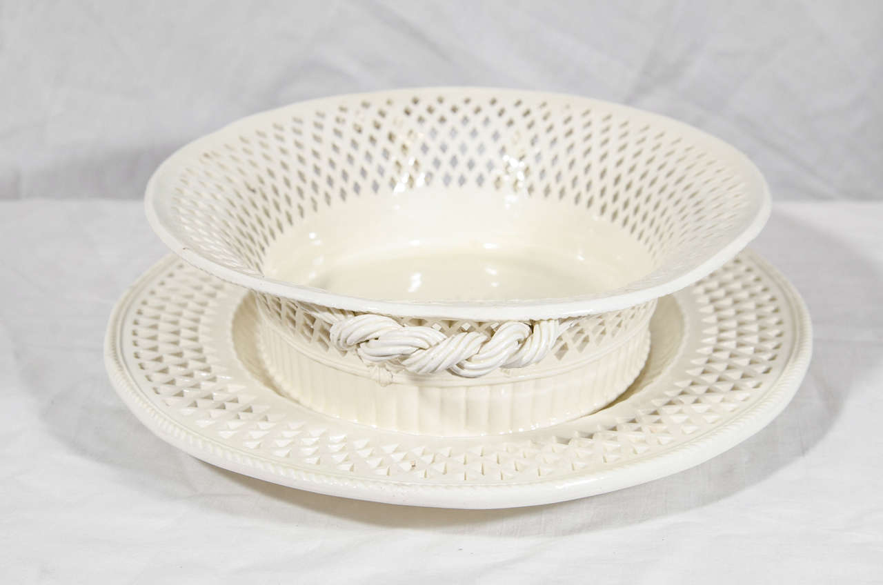 English An 18th Century Pierced Creamware Pottery Basket and Stand