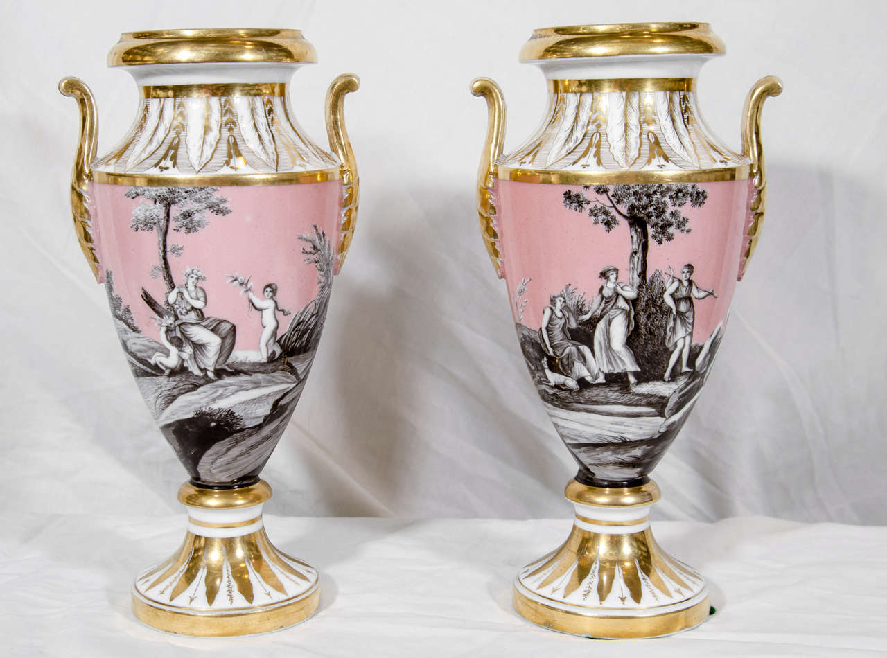 Pair Antique French Vases with Romantic Neoclassical Scenes In Excellent Condition In Katonah, NY