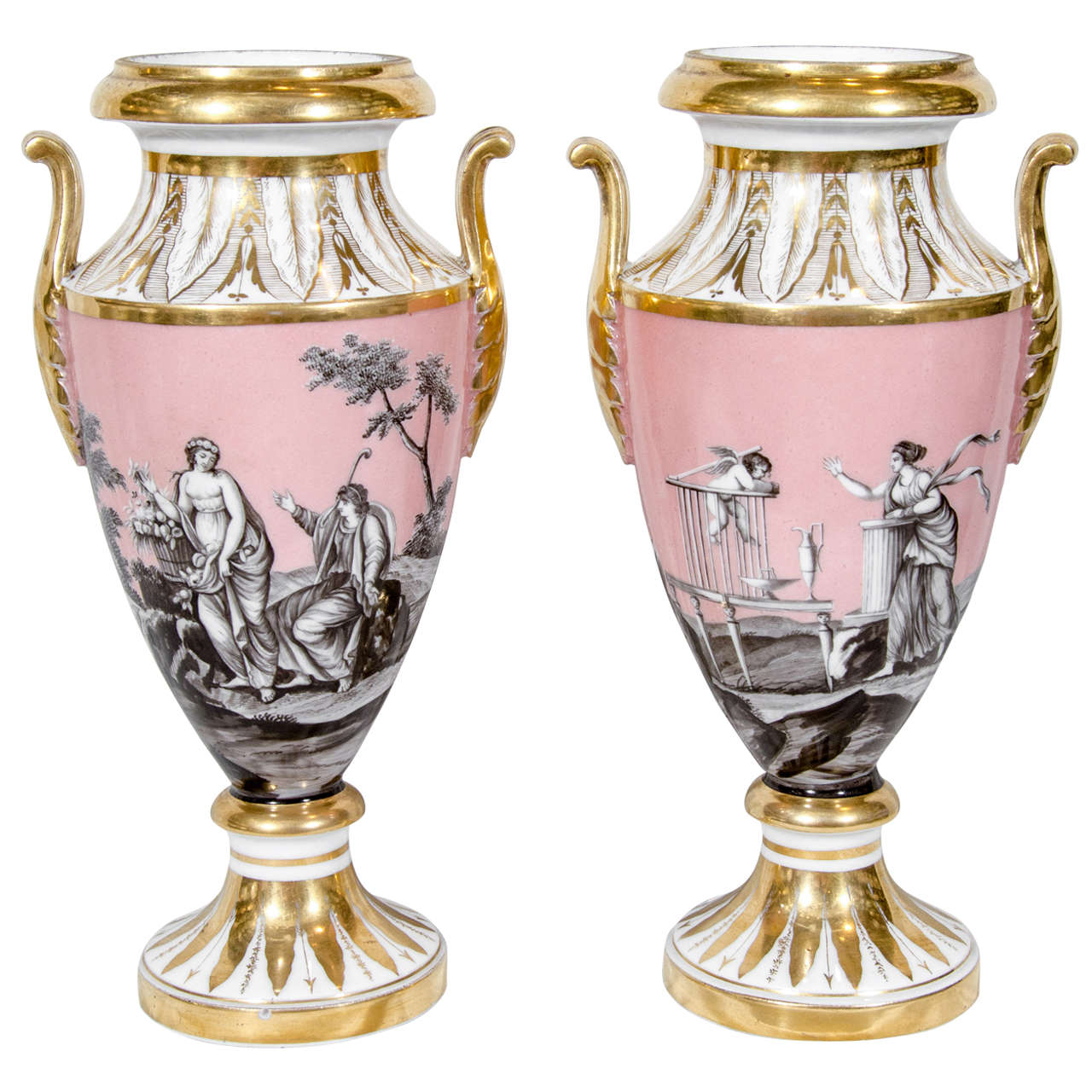 Pair Antique French Vases with Romantic Neoclassical Scenes