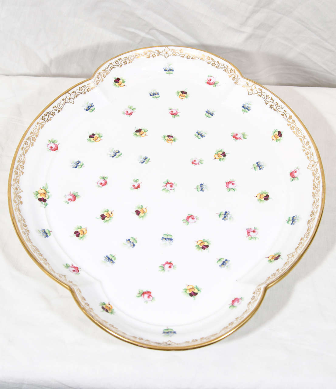 English Antique Porcelain Serving Tray Decorated with Pink Roses and Pansies